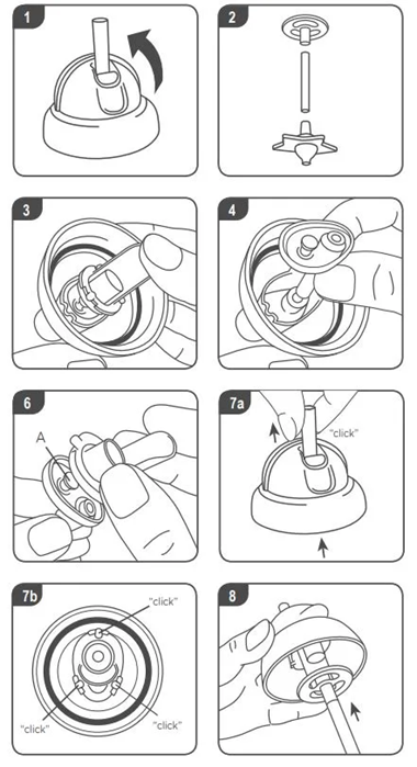 Diagram steps 1 - 8 how to disaseble weighted straw umbler