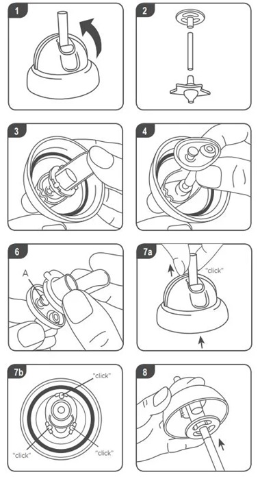 Diagram showing how to dissemble weighted straw cup steps 1 through to 8 which are listed above